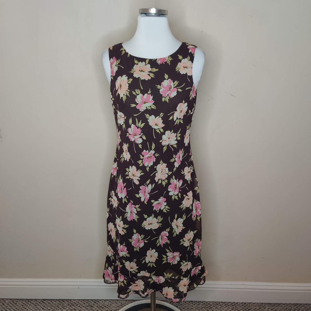 LOFT‎ Floral Dress Sleeveless Ruffled Hem Brown Pink